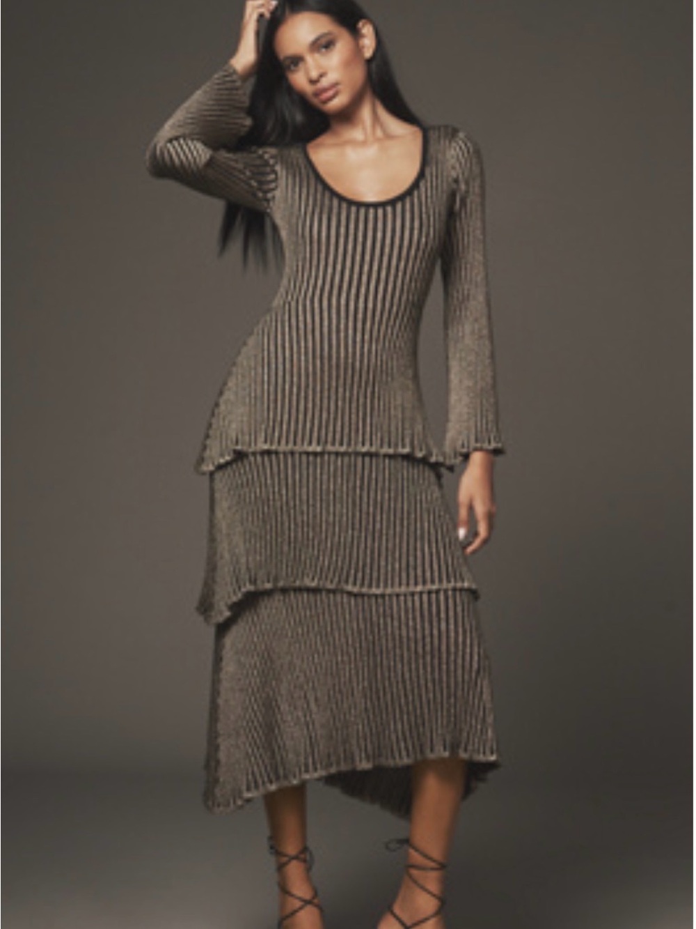 Anthropologie Ribbed Tiered Long-Sleeve Midi Dress in Brown